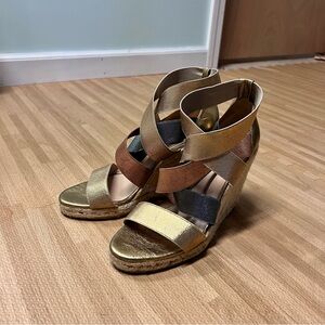 Gold and Brown Strappy Wedge Sandals